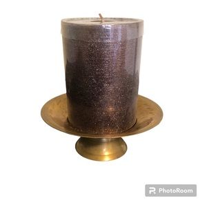 Vintage  Unique Brass Etched Pedestal Holder and Candle Farmhouse Collectible